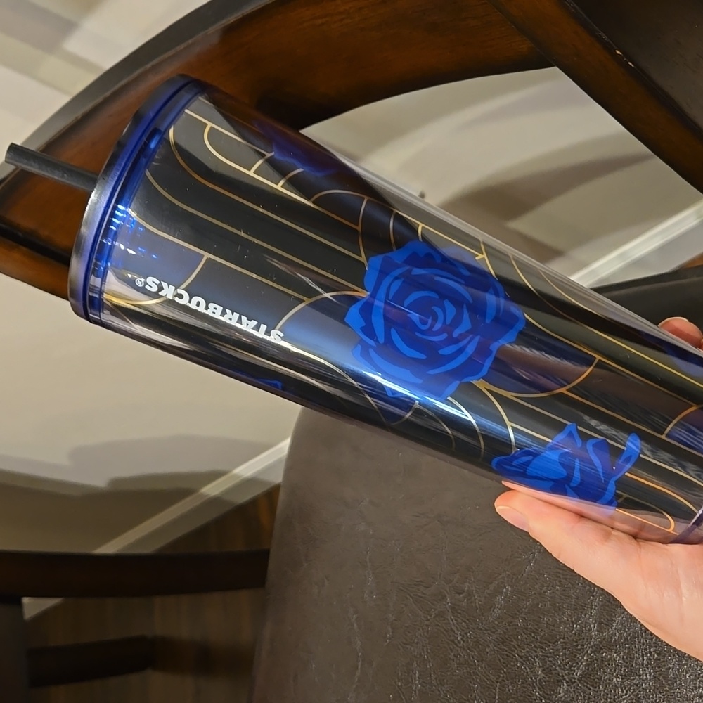 Black, gold and blue flower Starbucks cup